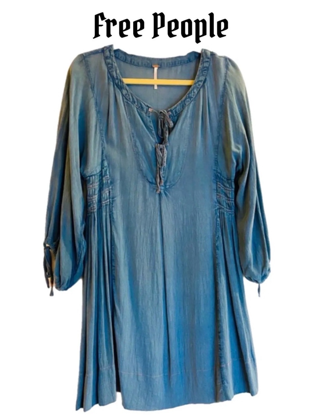 Free People Teal-Blue Bohemian Tie-Neck Tunic